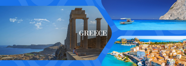 Greece with pictures of ancient architecture, boat trips and a pretty old town on the coast.