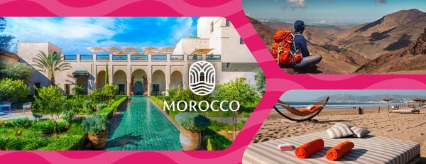 Morocco. 3 photos of a palace, beach and hiking in the mountains.